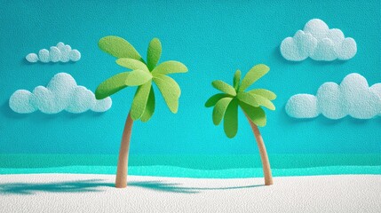 Stylized palm trees on a beach with fluffy clouds against blue backdrop
