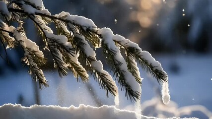 Cinematic winter 4k footage capturing a serene moment of a snow-covered pine branch glistening in the soft morning sunlight, with delicate icicles melting in a peaceful forest scene - Powered by Adobe