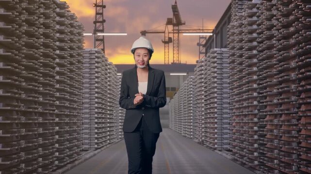 Front View of Asian Businesswoman Walking and Speech at Aluminum Ingots Industrial Warehouse