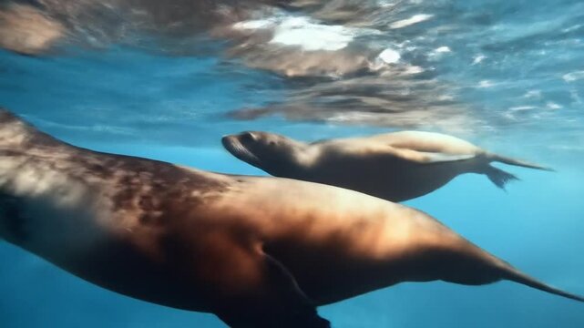 Underwater, two seals glide past as sunbeams skim their mottled bodies through blue water, serene..