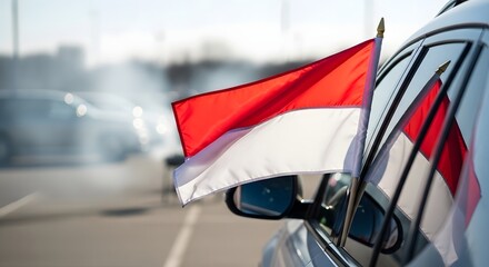 Team flag waving proudly from a car side mirror in a sunny parking lot for NFL playoffs tailgate concept and fan celebration