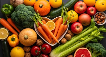 Abundance of fresh fruits and vegetables in heart shape