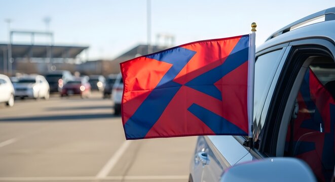 Red and blue team flag proudly displayed on a car window in a sunny stadium parking lot for an NFL playoffs tailgate concept and game day excitement