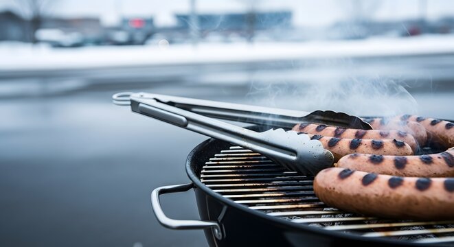 Steaming sausages grilling on a black BBQ with tongs during a snowy NFL playoffs tailgate concept for hearty winter game day food