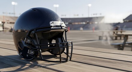 Detailed black football helmet resting on a wooden table at an empty stadium for NFL playoffs tailgate concept and game day celebration
