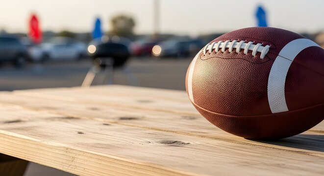 American football rests on a wooden picnic table with a blurred tailgate party background for an NFL playoffs game day concept and weekend tradition