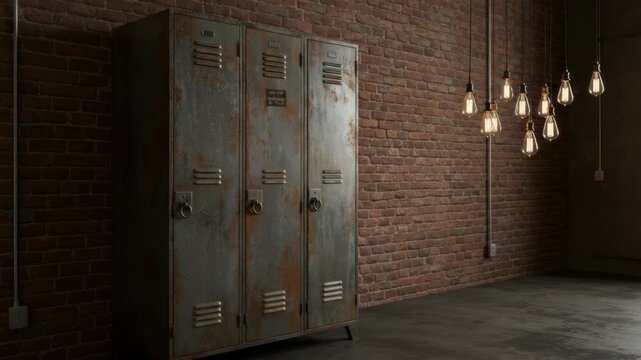 A stylish industrial locker room featuring vintage metal lockers, warm hanging bulbs, exposed brick walls, and a rustic urban atmosphere for modern interior design.