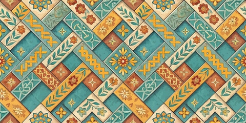 Colorful patterned tiles in vibrant hues of blue, orange, and yellow, showcasing intricate floral designs.
