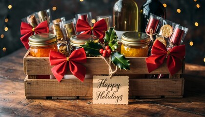 Rustic wooden gift crate filled with premium gourmet treats including artisanal jams, wine bottles, crackers, and snacks. Red velvet bows and holly create festive appeal perfect for holiday marketing.
