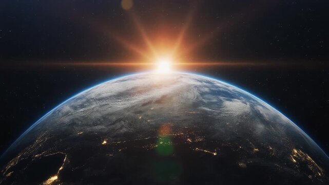 A vibrant 3d globe floats in the dark universe as the sun creates a golden sunrise over the blue ocean atmosphere while the moon hangs near the stars on the black horizon of space