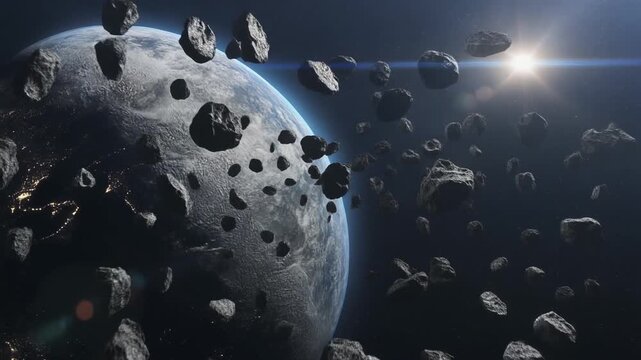 An abstract blue background illuminates the water and nature of planet earth and the moon against a dark space sky filled with underwater light textures