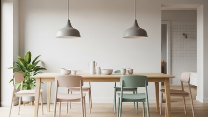 Fototapeta premium Bright Dining Room with Colorful Chairs and Pendant Lights.