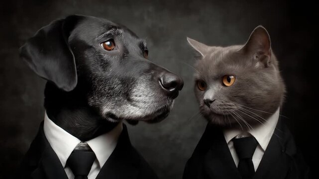 A dignified dog and cat dressed in formal tuxedos against a smoky, dark studio backdrop,noir, posed