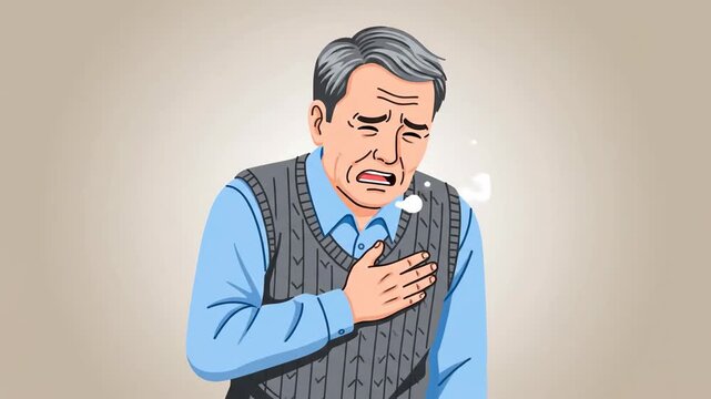 Heart Problem Depiction In Elderly Man: Chest Pain And Health Concerns, Animated