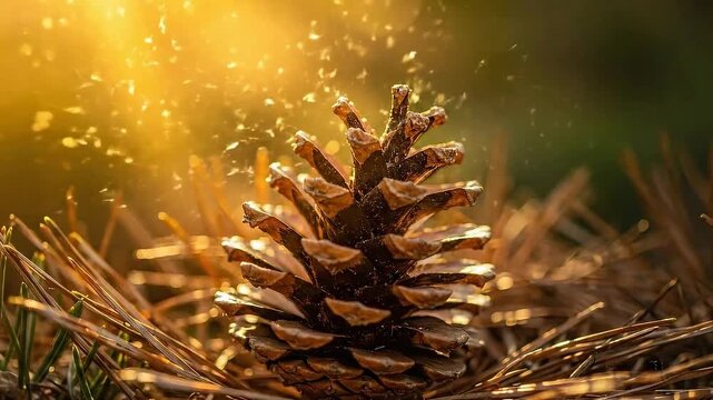 Closeup of pinecone on forest floor with sunlight glowing in the background