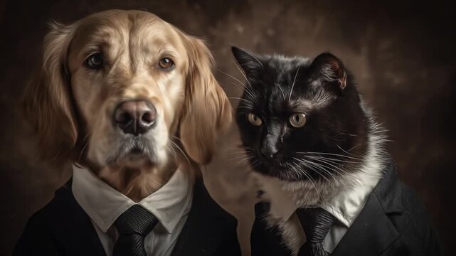 Distinguished dog in a tuxedo and cat in suit pose in a refined studio portrait. with timeless charm