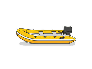 A yellow inflatable boat with a black motor attached to the back, viewed from the side, in a cartoon style illustration.