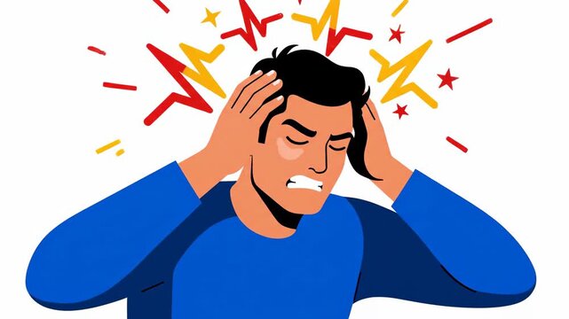 Illustration Of A Man Experiencing A headache with red and yellow burst lines around his head