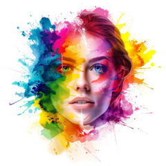 Vibrant artistic female portrait with explosive color splashes, expressive brush strokes, and a dynamic watercolor-inspired aesthetic