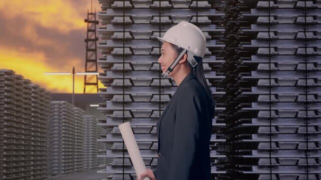 Side View of Asian Businesswoman Holding Blueprint While Walking at Aluminum Ingots Industrial Warehouse