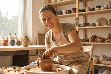 Portrait of Cheerful Senior Woman Sitting at Pottery Wheel with Messy Hands