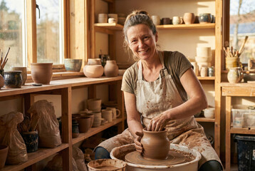 Wide Angle View of Pottery Studio with Senior Woman Working at Wheel