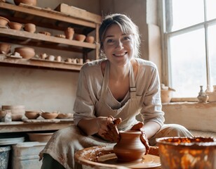 Environmental Portrait of a Focused Female Potter in Rustic Studio