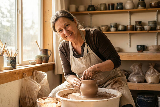 Happy Senior Woman Making Pottery on a Wheel in a Sunny Workshop - Powered by Adobe