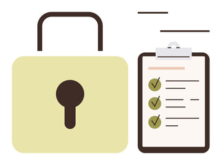 Large padlock beside a checklist with ticked items conveys security, privacy, compliance, and task completion. Ideal for cybersecurity, organization, protection, productivity, guidelines strategy