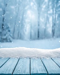 Winter background with snow covered wooden table