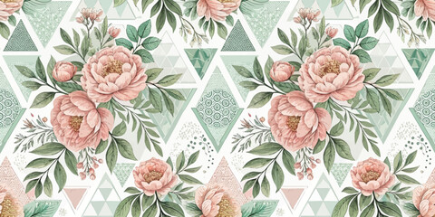 Elegant floral pattern featuring soft pink peonies over geometric green and white triangles.