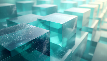 Abstract grid of translucent teal cubes with varying textures and reflections.