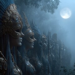 Fototapeta premium A line of armored warriors in ornate masks stand silently in a misty forest under a glowing full moon.