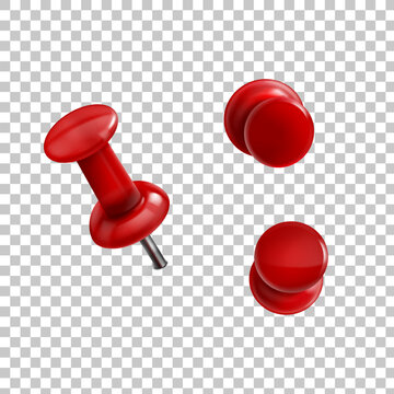 Shiny red push pins, one viewed from the side showing its metal pin, and two viewed from the top, against a transparent background.