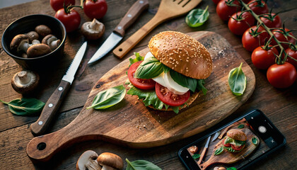 Artisan burger masterpiece showcased on rustic wooden board with vibrant fresh ingredients and smartphone capturing culinary moment
