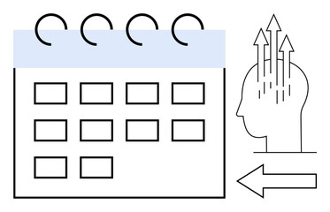 Productivity concept. Productivity through a calendar, mental brainstorming, and growth indicators. Productivity aids time management, strategy, teamwork, and innovation for achieving goals