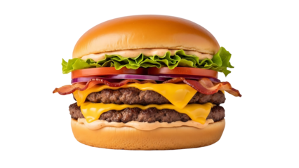 Gourmet Double Bacon Cheeseburger with Melted Cheese and Fresh Vegetables, Isolated on Transparent Background