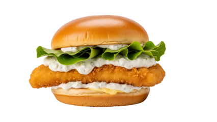 Crispy Fried Fish Sandwich with Lettuce and Tartar Sauce, Isolated on Transparent Background