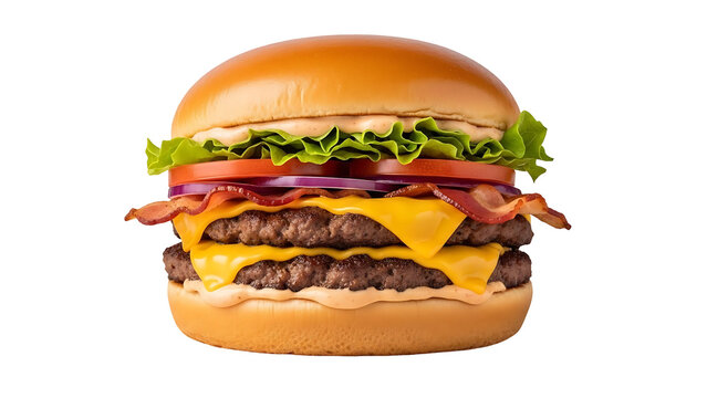 Gourmet Double Bacon Cheeseburger with Melted Cheese and Fresh Vegetables, Isolated on Transparent Background - Powered by Adobe