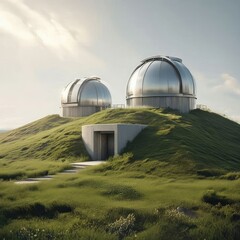 Obraz premium A visionary weather observatory inspired by Groundhog Day, blending modern architecture and nature with a peaceful scientific mood.