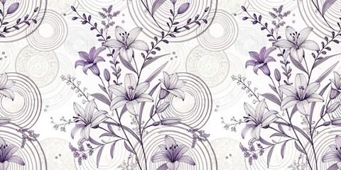 Obraz premium Elegant floral pattern featuring purple lilies and circular designs on a soft white background.