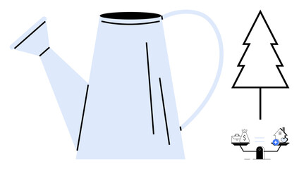 Gardening concept. Gardening tools thumbs up watering cans encourage plant growth and environmental sustainability. Gardening promotes eco-conscious living and resource conservation. Suitable