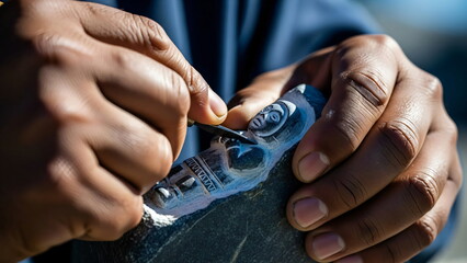 Fototapeta premium Person carving traditional sculpture from stone, showcasing craftsmanship and cultural art. Indigenous art and craftsmanship.