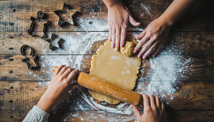 Collaborative hands rolling golden gingerbread dough with festive cookie cutters scattered across flour dusted rustic wooden table