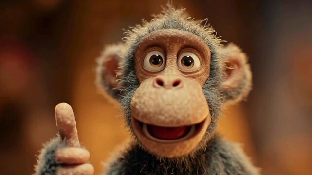 A cute, smiling puppet monkey with big expressive eyes and grey fur gives an encouraging thumbs up gesture.