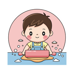 Kawaii Cute Boy Making Dough with Rolling Pin in a Pink and Blue Kitchen Setting, Having Fun While Baking