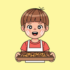 Cute kawaii boy with a baking tray full of delicious cookies, ready to serve from the kitchen