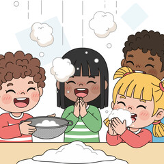 Cute kawaii kids in the kitchen learning to cook delicious food, a fun and joyful culinary experience