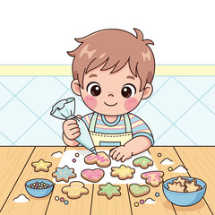 A cute and kawaii little boy happily cooks delicious homemade cookies in a bright kitchen, joyfully decorating them with colorful icing and sweet sprinkles