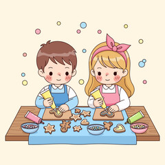 Cute kawaii kids cook and decorate gingerbread cookies together in the kitchen